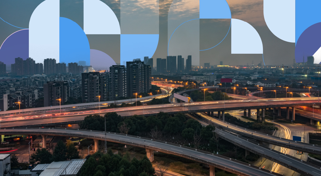 Modern city infrastructure at night with abstract design elements